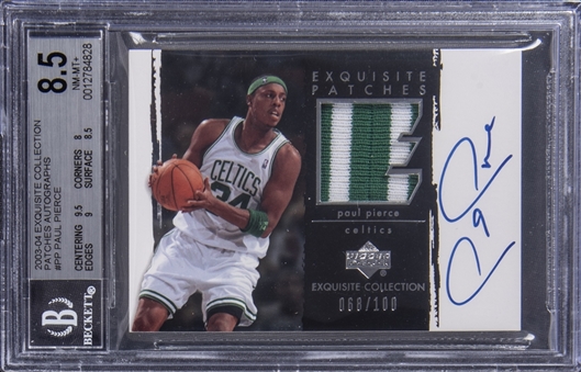 2003-04 UD "Exquisite Collection" Patches Autographs #PP Paul Pierce Signed Game Used Jersey Card (#068/100) – BGS NM-MT+ 8.5/BGS 10